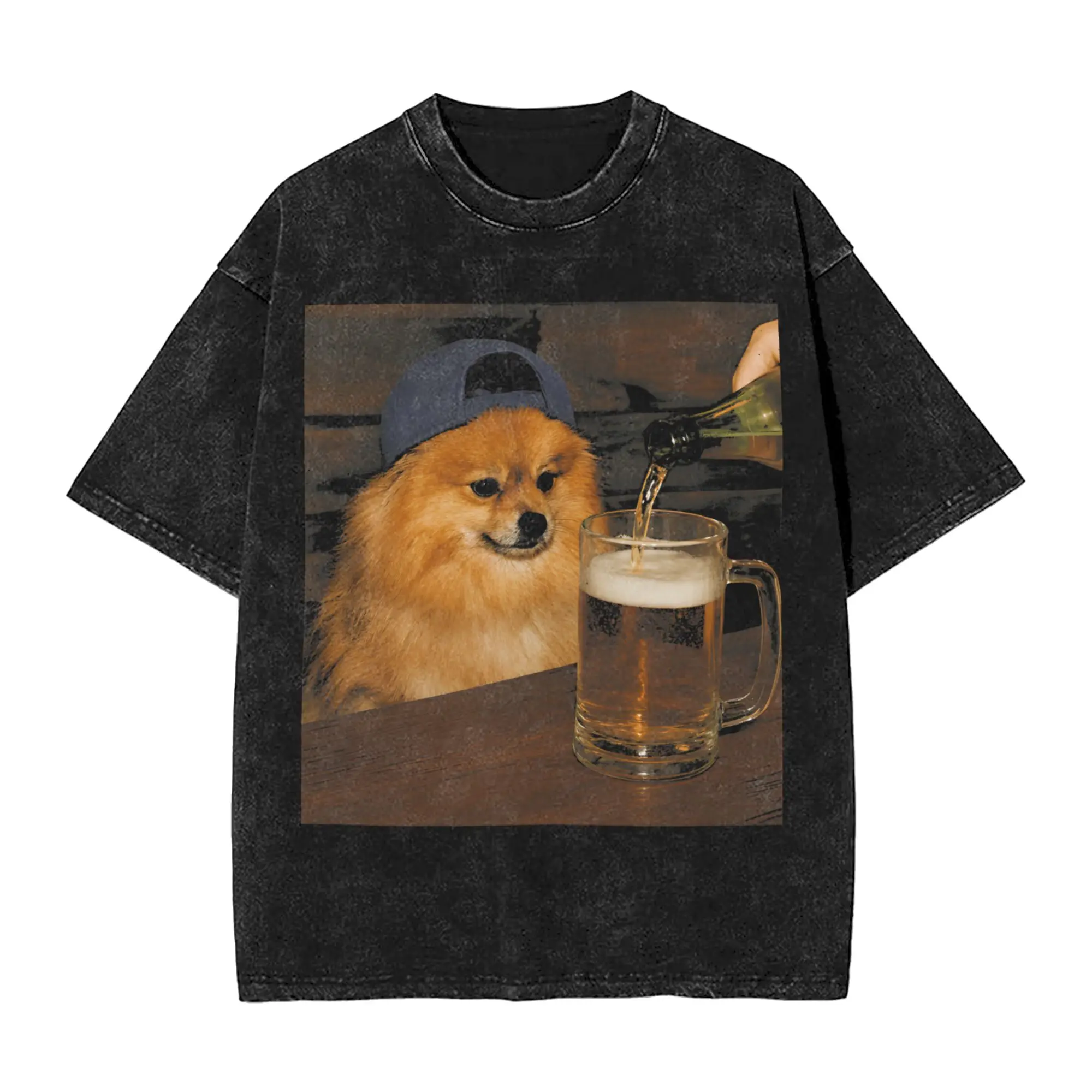 Washed T Shirt Pomeranian Drinking Beer Funny Dog Lover T-Shirts Oversize  Streetwear Short Sleeve Summer Top Tees for Men Women