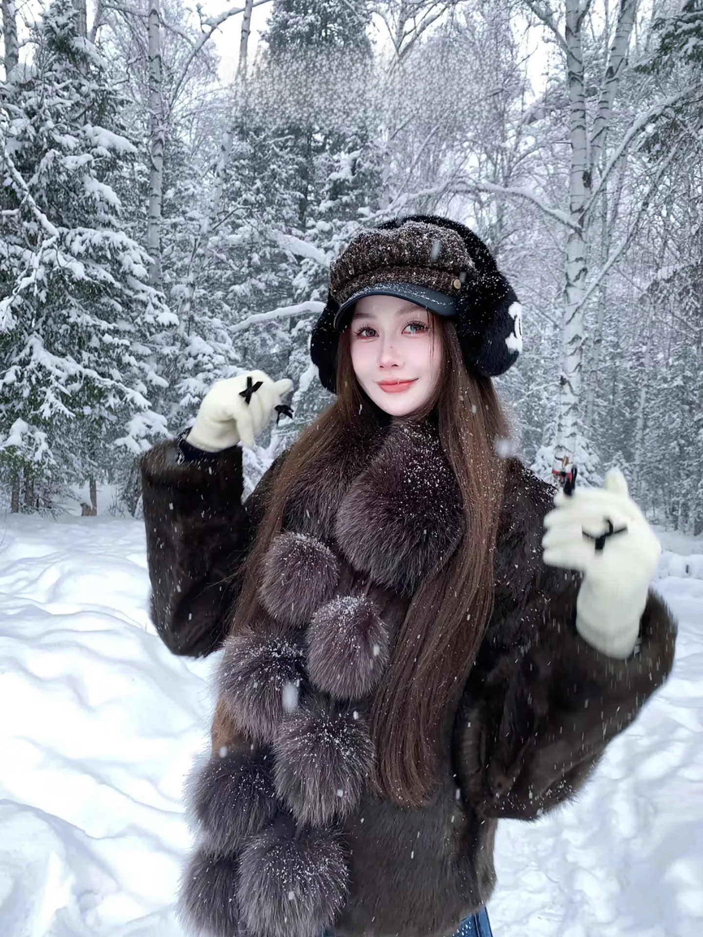 

Шуба из цельного меха кролика AZZHEN Mocha Bla, натуральный цвет, винтажная, женская, теплая верхняя одежда, длинный рукав