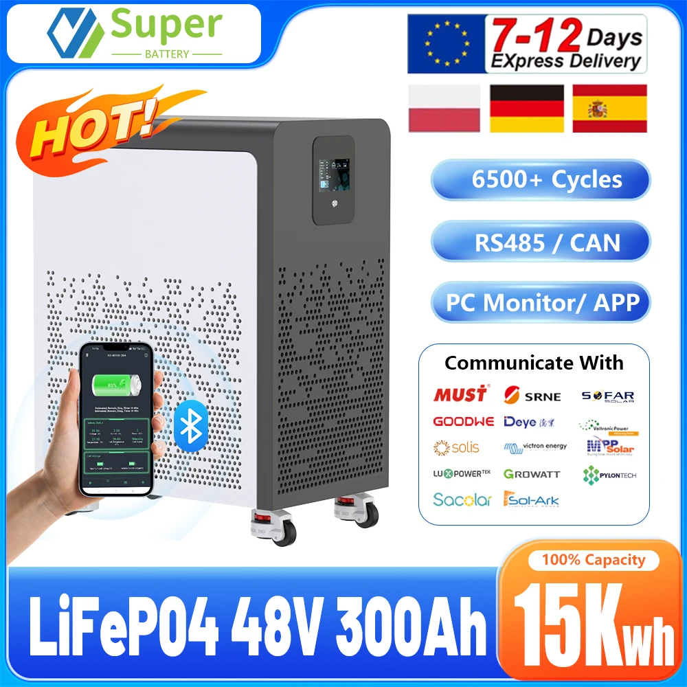 48V 300Ah LiFePO4 Batterie 15Kwh 6000 Zyklen Bluetooth 200A RS485 CAN BMS PC-Monitor 51.2V Lithium-Batterie EU-Lagerbestand ohne Steuern