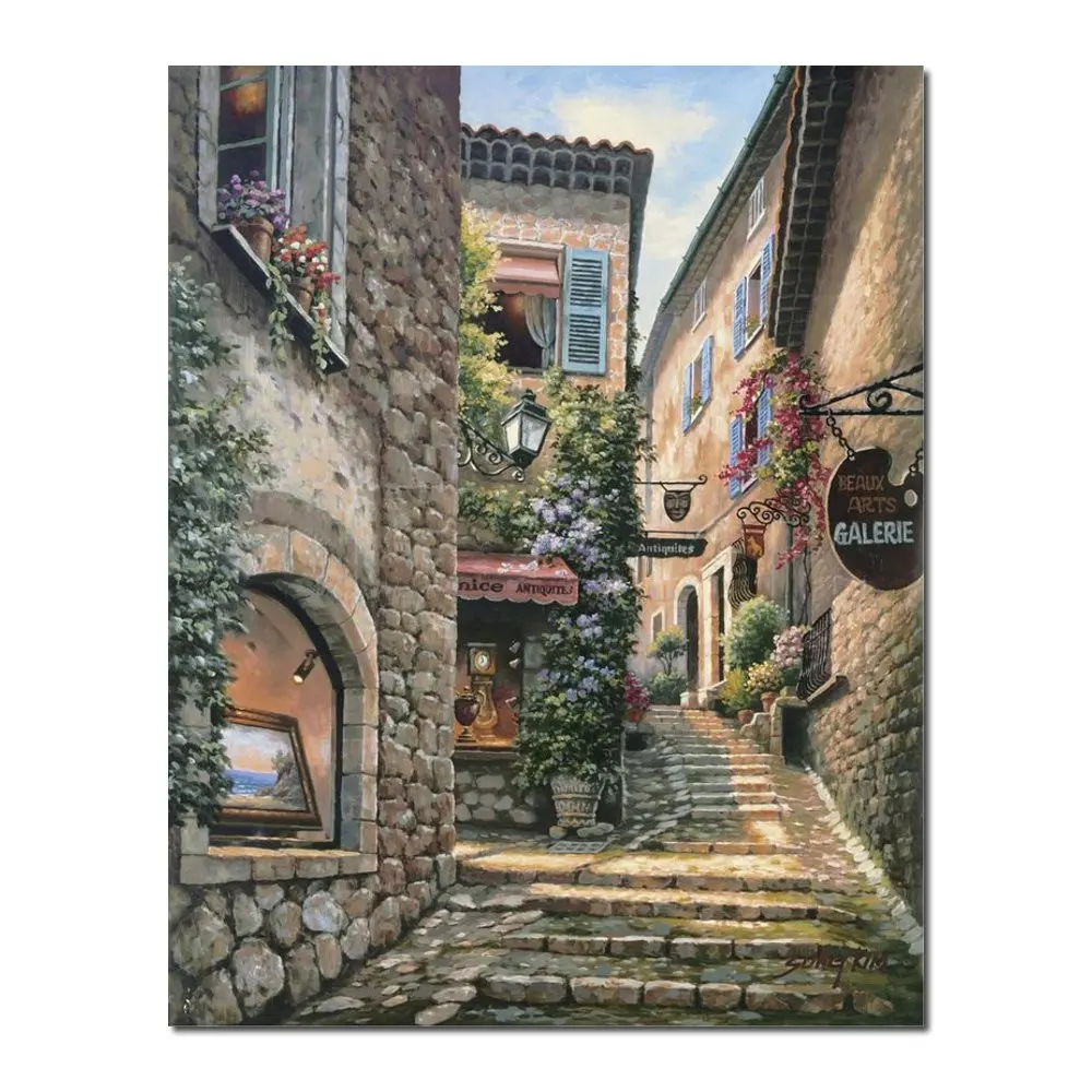 

Hand Painted Contemporary Canvas Art Gallery Steps Modern Painting Village Street Landscape Artwork Home Office Wall Decor