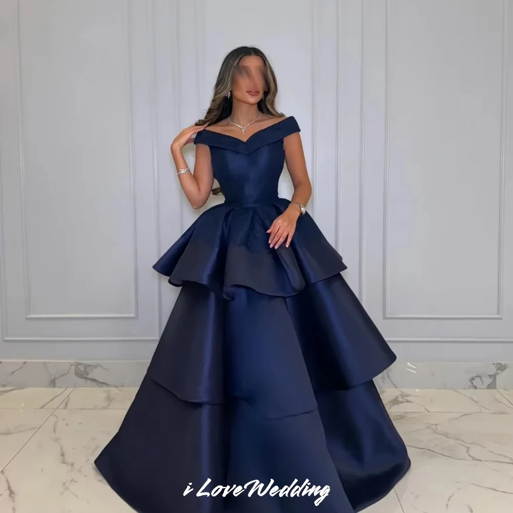 الأزرق الداكن قبالة الكتف فساتين لحضور الحفلات الموسيقية 2025 الساتان الدانتيل يزين متعدد الطبقات ألف خط فساتين السهرة طول الأرض مخصص