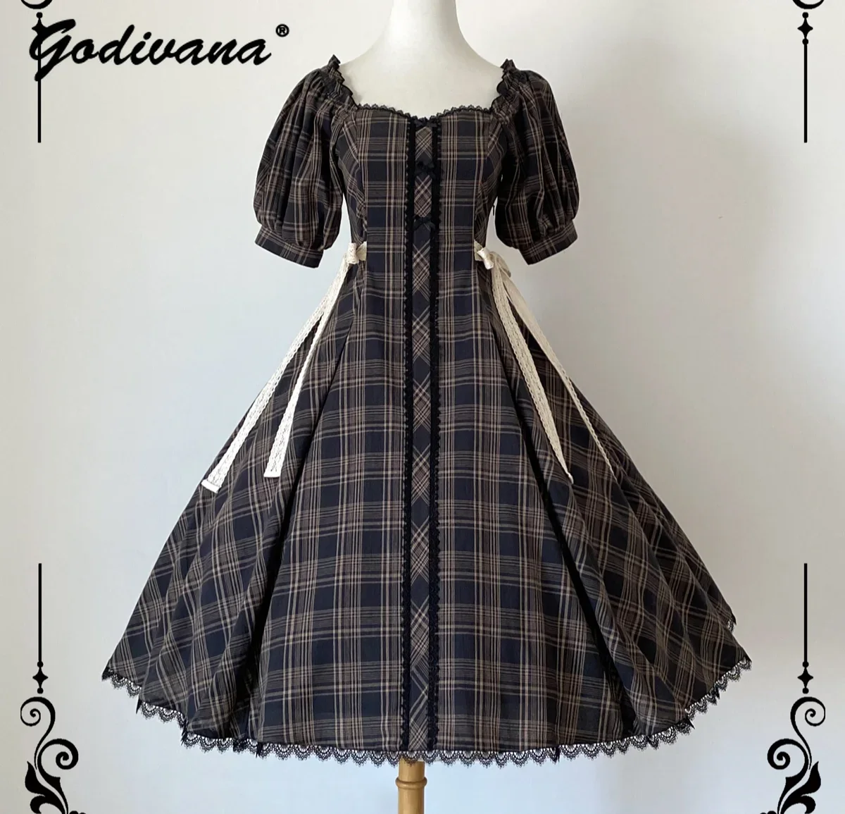 

Preppy Style Op Plaid Elegant Slim Lolita Dress 2024 Spring and Summer Women Girls Short Sleeve JK Calf-length Dresses