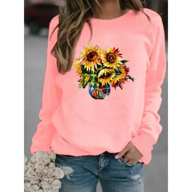 

Autumn and Winter New Female Long-sleeved Sunflower Print Casual T-shirt Hoodie Multi-color Uniform Sweatshirt Streetwear Women