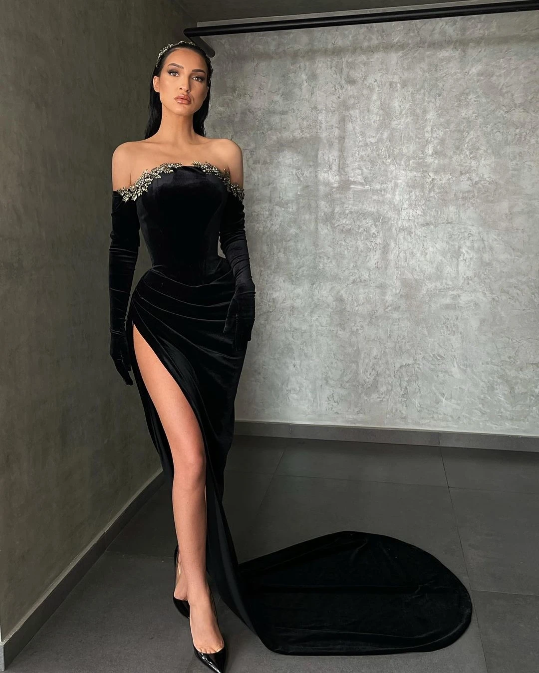 女性用 レース スプライス スプリット イブニング ドレス ストリート スタイル ハイウエスト 長袖 フロアレングス H シェイプ ポリエステル イブニング ドレス