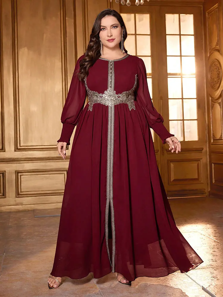 Fashion Chiffon Long Sleeve Maxi Dresses Plus Size Women Abayas Embroidery Patchwork High Waist Evening Party Morocco Gown Arab