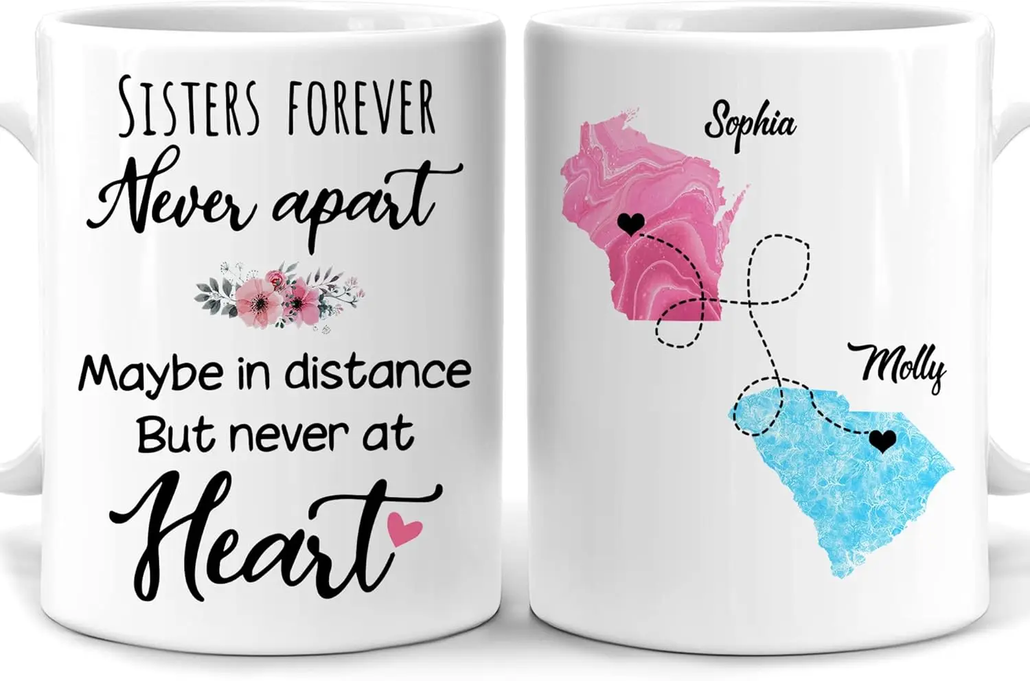 Hyturtle Long Distance Friendship Personalized Gifts For Sisters - Birthday Christmas Moving Away - Custom States Names 11oz Whi