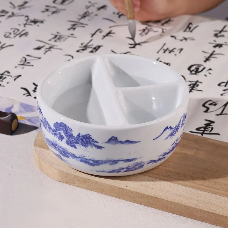 Blue and White Porcelain Three Compartment Brush Washer Chinese Painting Pigment Wash Basin Four Treasures of the Study