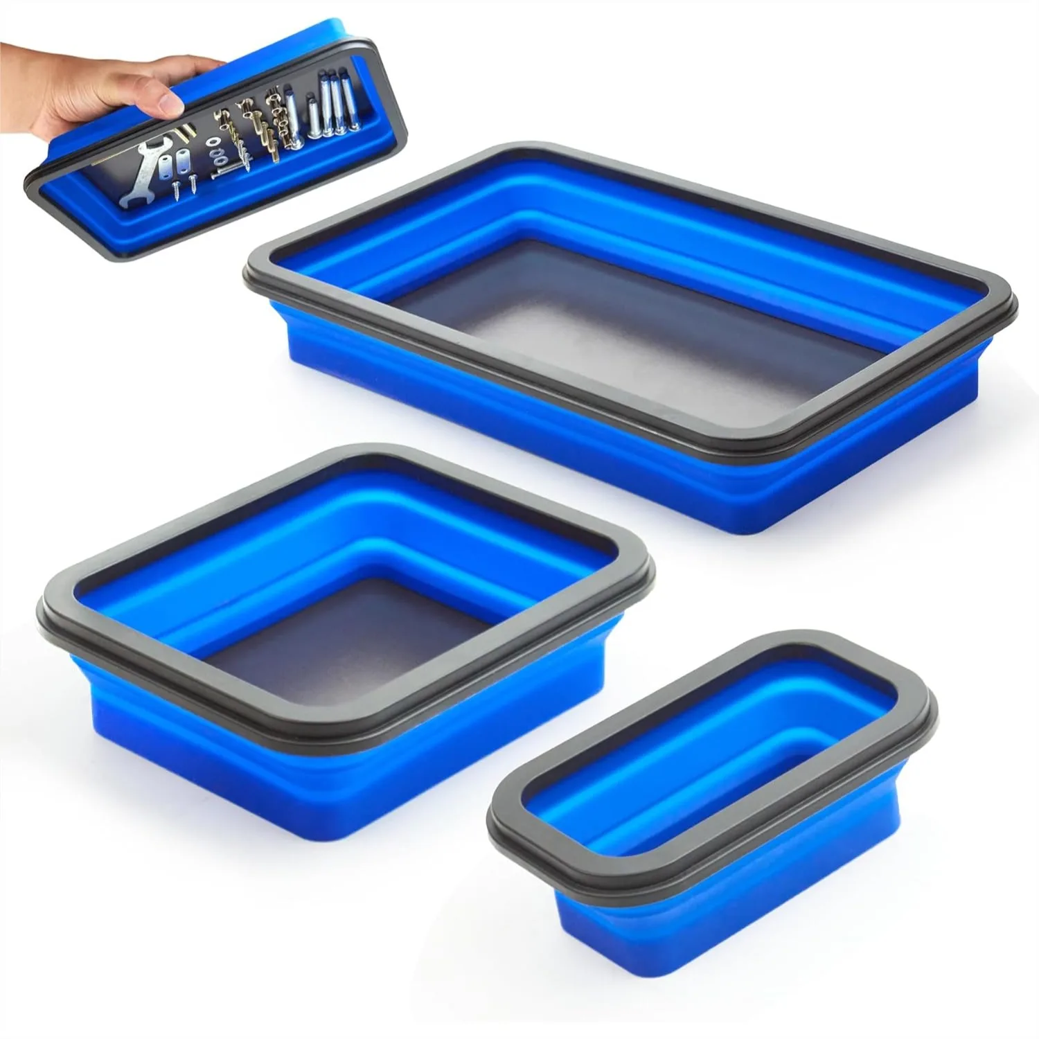 

Collapsible Magnetic Parts Tray Set - 3 Sizes Foldable Silicone Tool Trays with Strong Magnetic Base for Screws, Bolts, Nuts