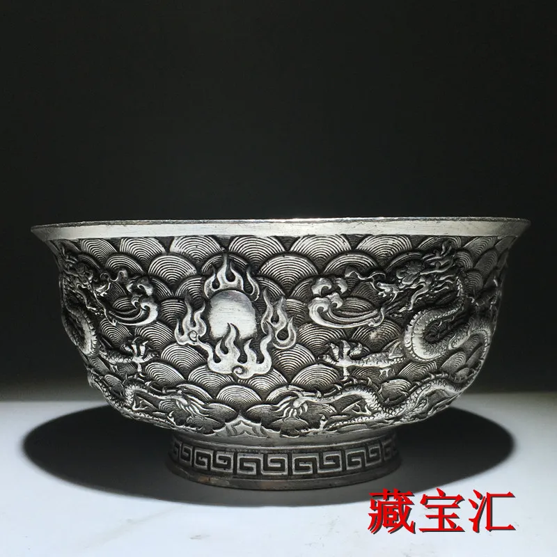 Old Collection Antique Decorative Carved Nine Dragon Silver Bowl Double Dragon Pearl Fortune Copper Bowl Qianlong Period Style