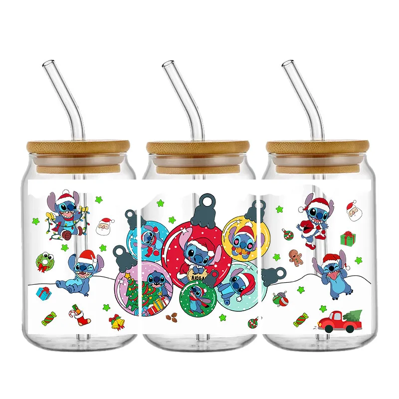 FAI DA TE Disney Stitch Natale UV DTF Tazza Wrap Trasferimenti Adesivi 16oz Libbey Bicchiere di Vetro Decalcomania di Vetro Può Autoadesivo Impermeabile