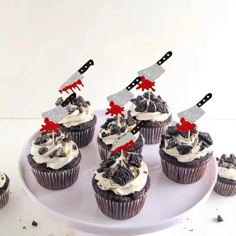 24pcs Horror Halloween Cupcake Toppers Glitter Scary Blood Knife Cake Dessert Picks Halloween Birthday Party Decoration Supplies