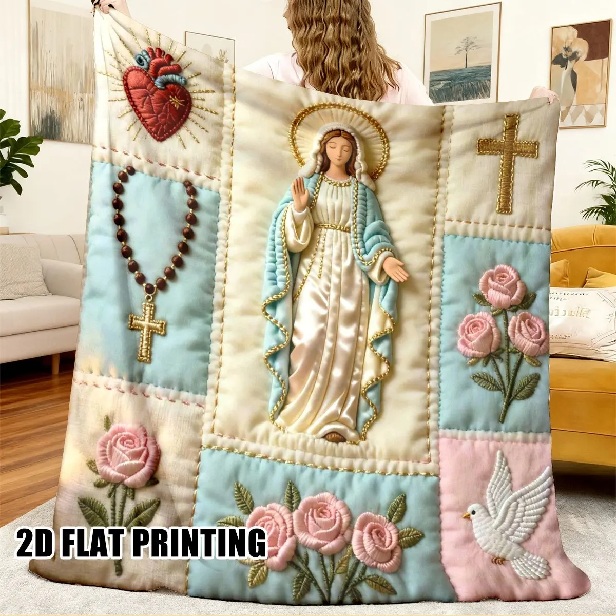 Religious Maria Icon Quilted Flannel Blanket, Soft Warm Season Bedspread, Collegiate Style Dorm Decor Throw, 1pc