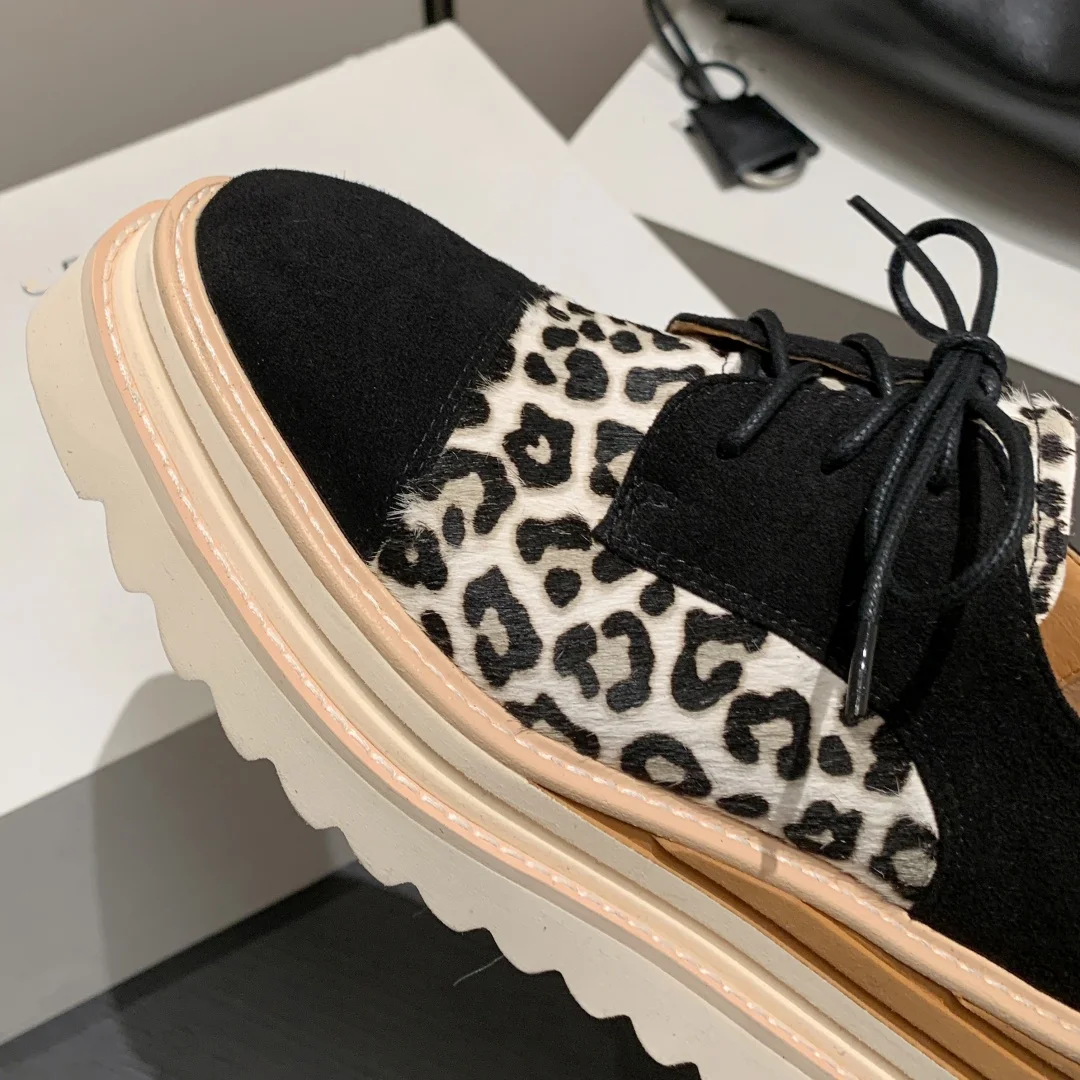 Women\'s natural suede leather horsehair patchwork thick sole platform flats lace-up oxfords square toe high quality casual shoes