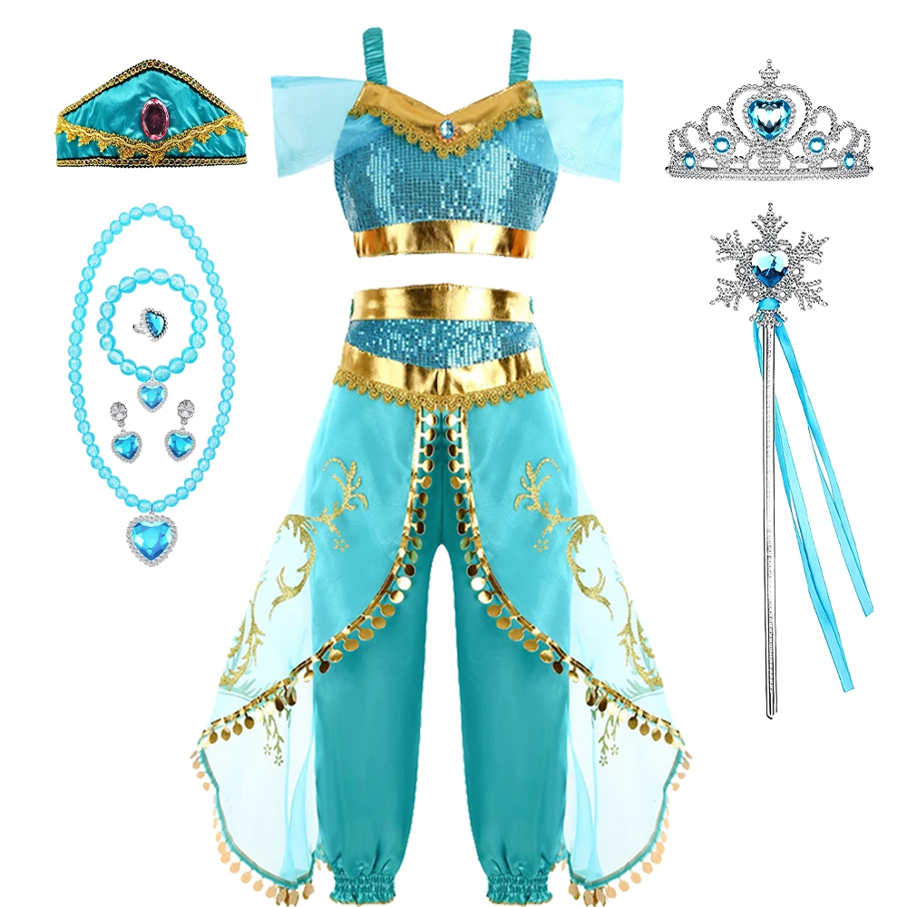 Blaues Arabisches Prinzessinnen-Tanzkostüm-Set für Kinder, Halloween, Weihnachten, Karneval, Geburtstag, Cosplay – Detail 9
