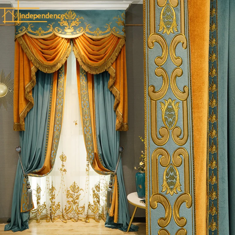 Palace Blue Orange Velvet Embroidered Patchwork Curtains for Living Room Bedroom Villa Customized Window Screen Products