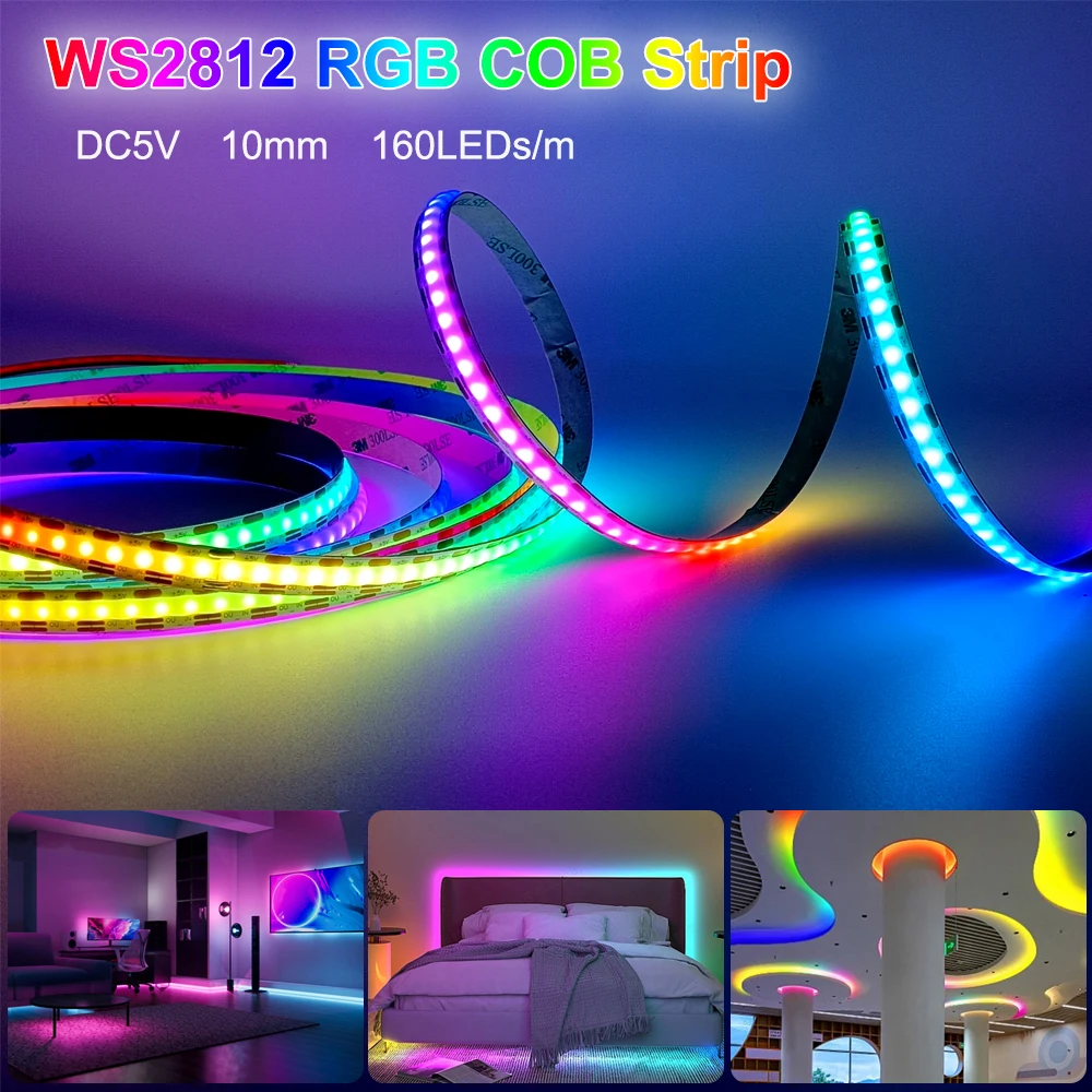 5m DC5V WS2812 COB Led Strip Light 10mm PCB Width Individually Addressable Luces FOB RGBIC 160Led/M High Density Flexible Pixel