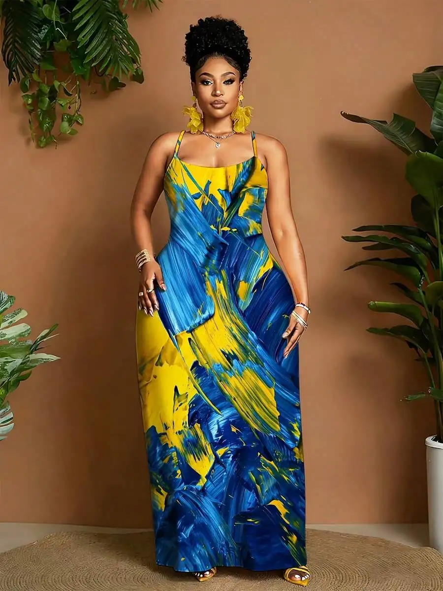 

Womens Long Spaghetti Strap Maxi Dress Abstract Blue Yellow Print Summer Party Occasion