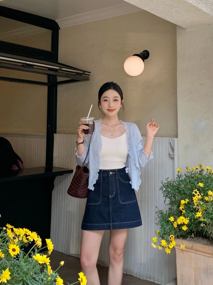 

Новая летняя юбка А-силуэта Sunny Home из денима в стиле ретро, темно-синяя, с двойными пуговицами, с завышенной талией, стройнящая, в корейском стиле