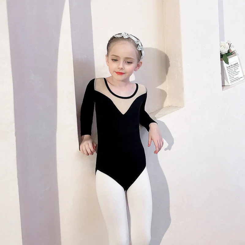 Hot Sale High Quality Fast Delivery Kids Girls Children Dance Wear Black Gray Pink Long Sleeve Mesh Ballet Leotards