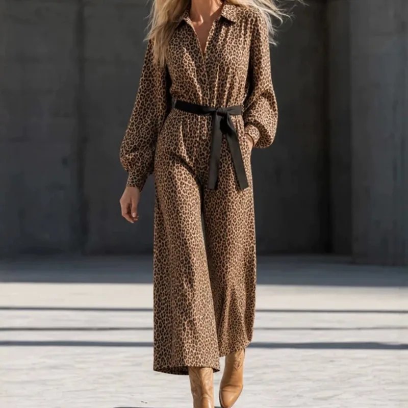 2026 New Women's Autumn And Winter Jumpsuit Leopard Print V-neck Fashionable Comfortable Retro Tribal Style Loose Jumpsuit Pants
