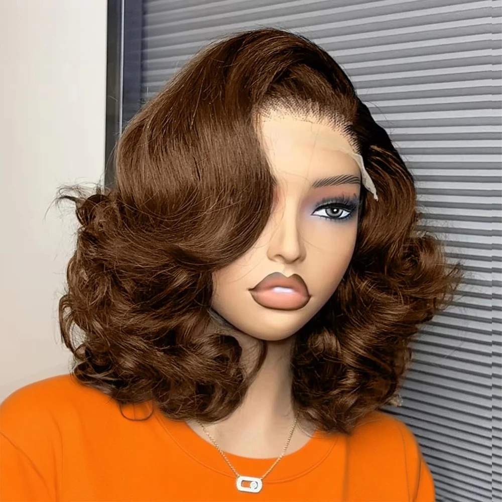 Chocolate Brown Short Bob Wigs Body Wave Human Hair 13x4 HD Lace Frontal Wigs 4# Colored 100% Human Hair Water Wave Preplucked