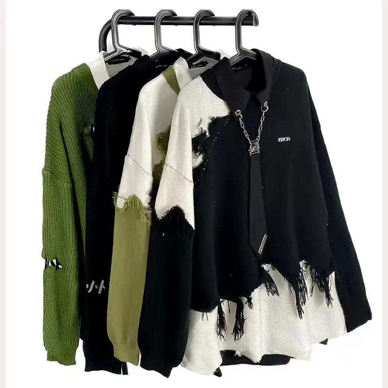 American Oversize Loose Tassel Design Couple Men's Autumn Winter Trendy Brand High Street Round Neck Knitted Sweater