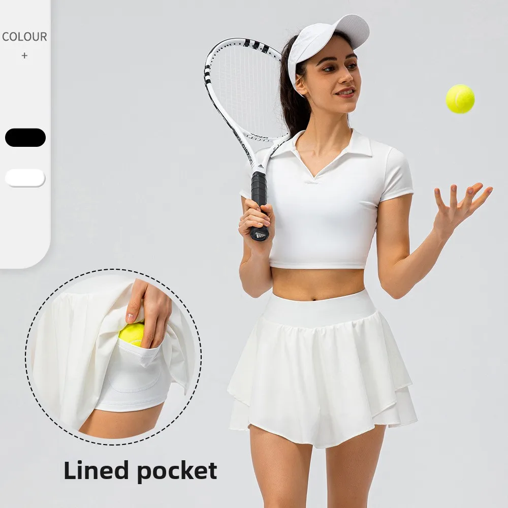 Women 2 Piece Tennis Outfit Short Sleeve Polo Crop Top High Waist Double Layer Skort Quick Dry Golf Workout Athletic Sport Set