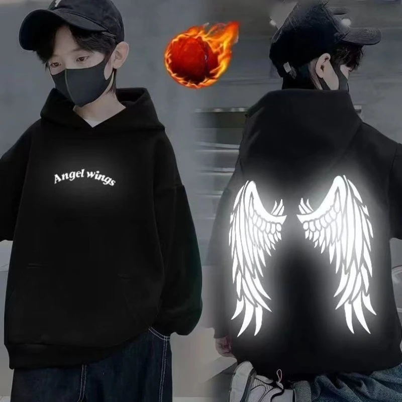 Sudadera con capucha para niños, estampado de alas de Ángel reflectantes, forro polar, jersey juvenil cálido de invierno, ropa deportiva informal para exteriores, Top para adolescentes