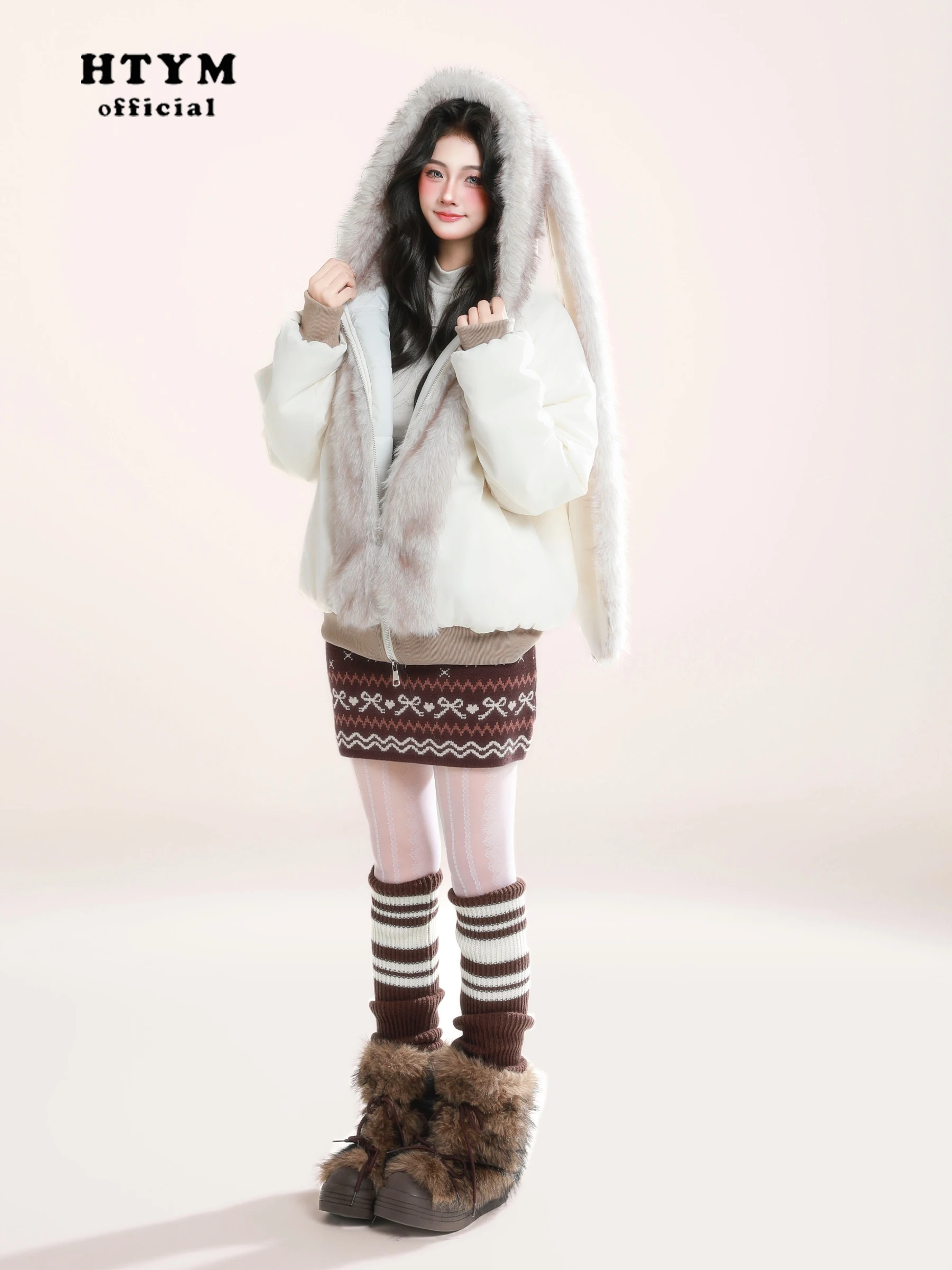 Japonês doce kawaii menina inverno fofo casaco de pelúcia bonito coelho orelhas longas com capuz zíper grosso quente curto parkas jaqueta para mulher