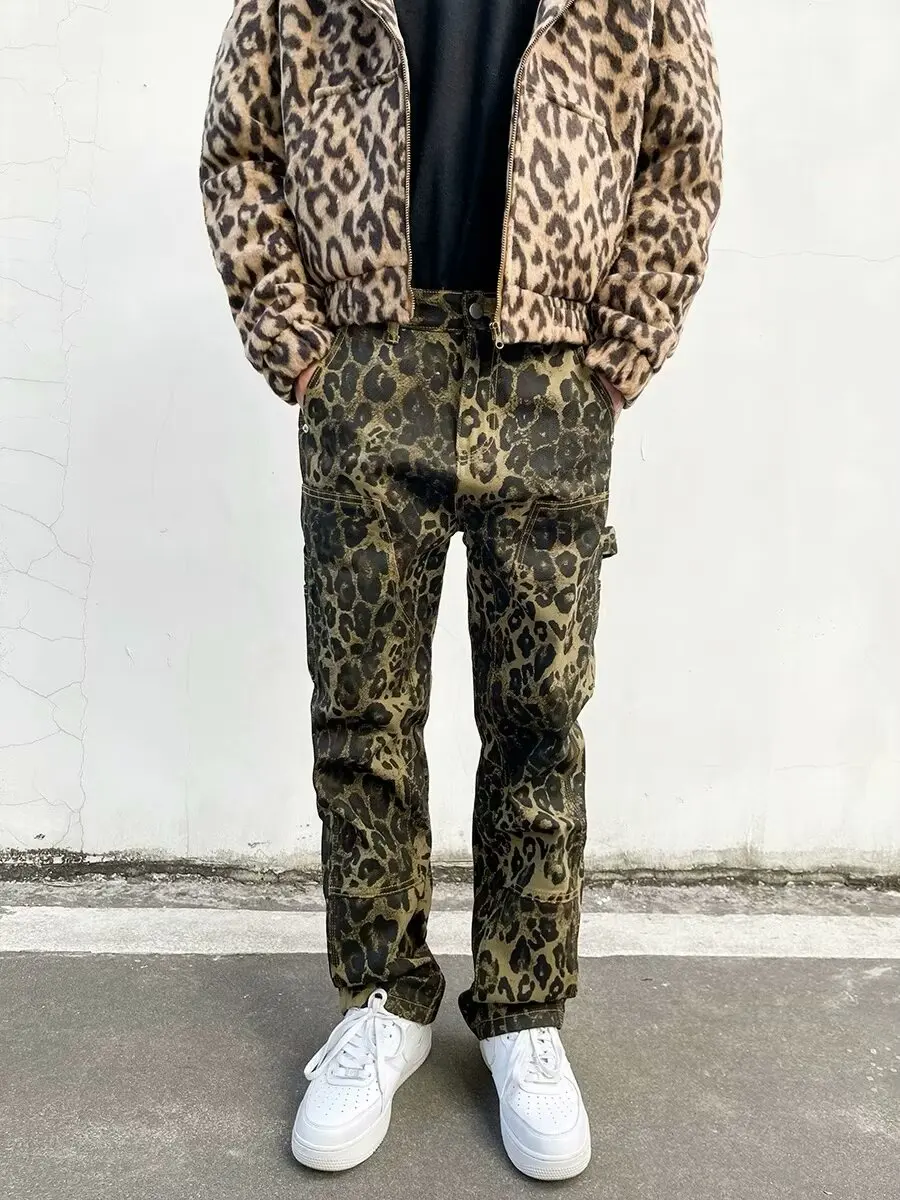 Baggy Leopard Print Y2k Jeans Man 2024 New Casual Wide Leg Denim Pants Fashion Streetwear Retro Straight Jeans korean fashion