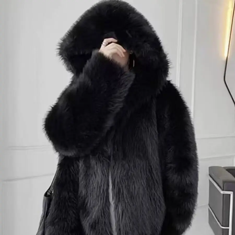 Thicken Hooded High Quality Faux Fur Jackets Winter Warm Imitate Fox Furs Coats Women Furry Jaqueta Korean Luxury Overcoat New