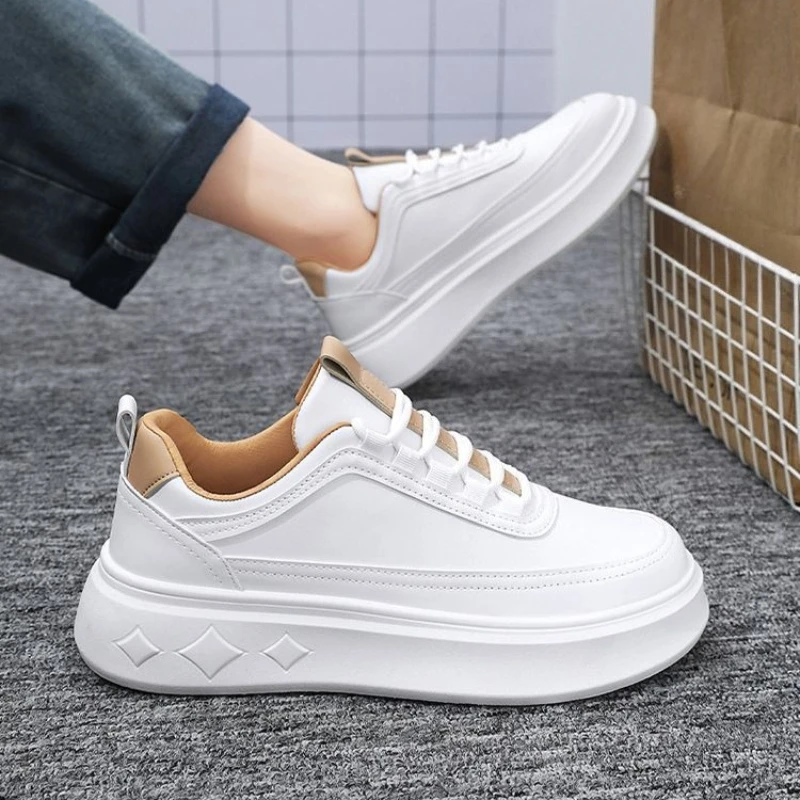 

2025 Spring and Autumn New Men's Breathable Trendy Sneakers Invisible Height Increase Thick Sole Casual Sporty White Shoes