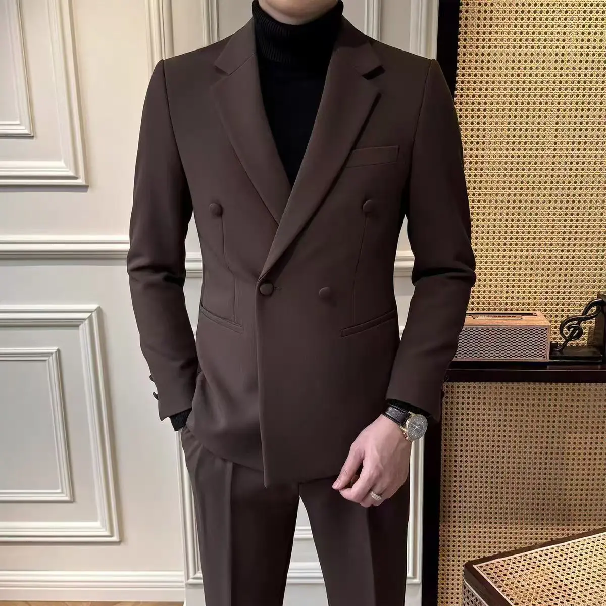 Y021Autumn high-end double-breasted men\'s suits, high-end two-piece suits, handsome slim-fitting jackets, casual business formal