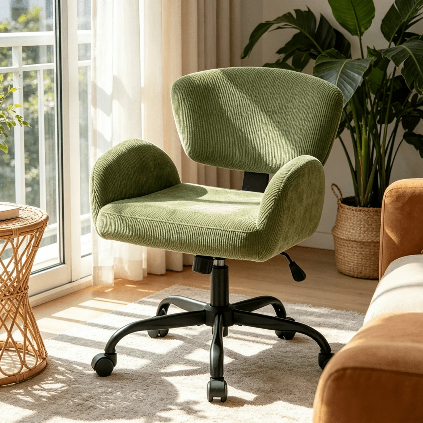 Upholstered Office Chair With Split-Back Design & 90°~108° Gentle Rocking, Ergonomic Swivel Vanity Chair With Armrests, Height-A
