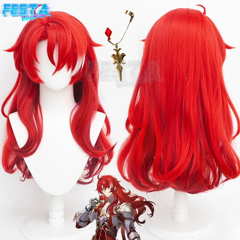 CosplayHonkai Star Rail Argenti Cosplay Wig Earring Red Long Curly Hair Game Knights of Beauty Heat-resistant Fiber Hair Free Wi
