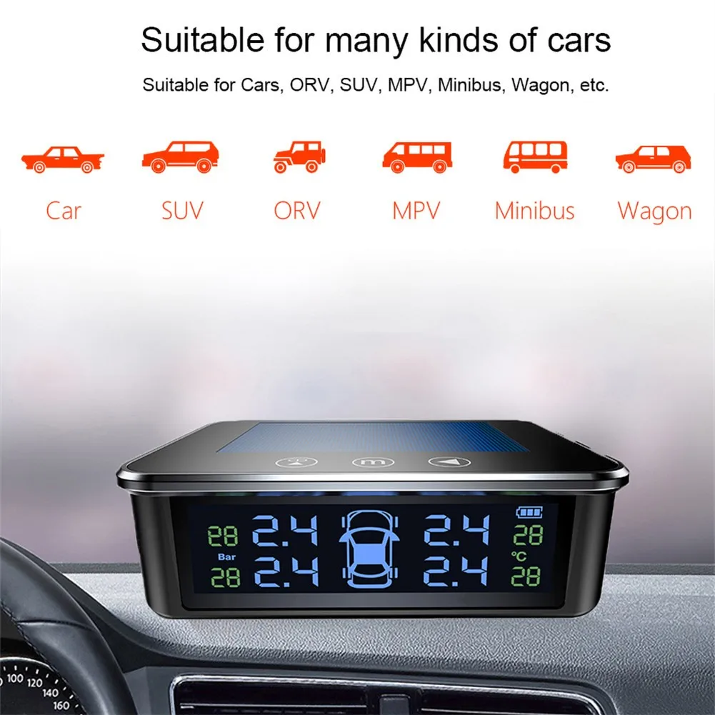 Solar Wireless Tire Pressure Monitoring System Alarm Fuel Save With 4 External Sensors Solar TPMS Car Tyre Pressure Monitor