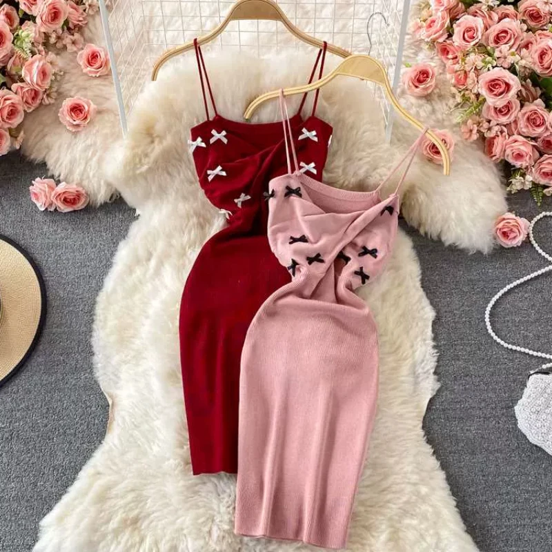 Bogen Design neue sexy rücken freie solide gestrickte Sommerkleid Frauen elastische Mini-Party kleid Bodycon Scheide Nachtclub Outfits