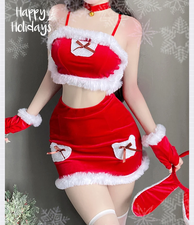 Christmas Sexy Lingerie Set Role Play Bunny Girl Costume Rabbit Cosplay Dress Sexy Maid Uniform Nightwear Top+Skirt Santa Suit