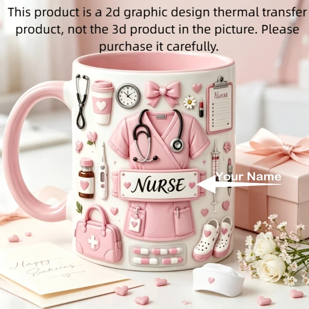 Custom Name Pink Nurse Mug 2D Printing Coffee Cup Ceramic Medical Art Design Gift for Nursing Student Healthcare Worker Christma