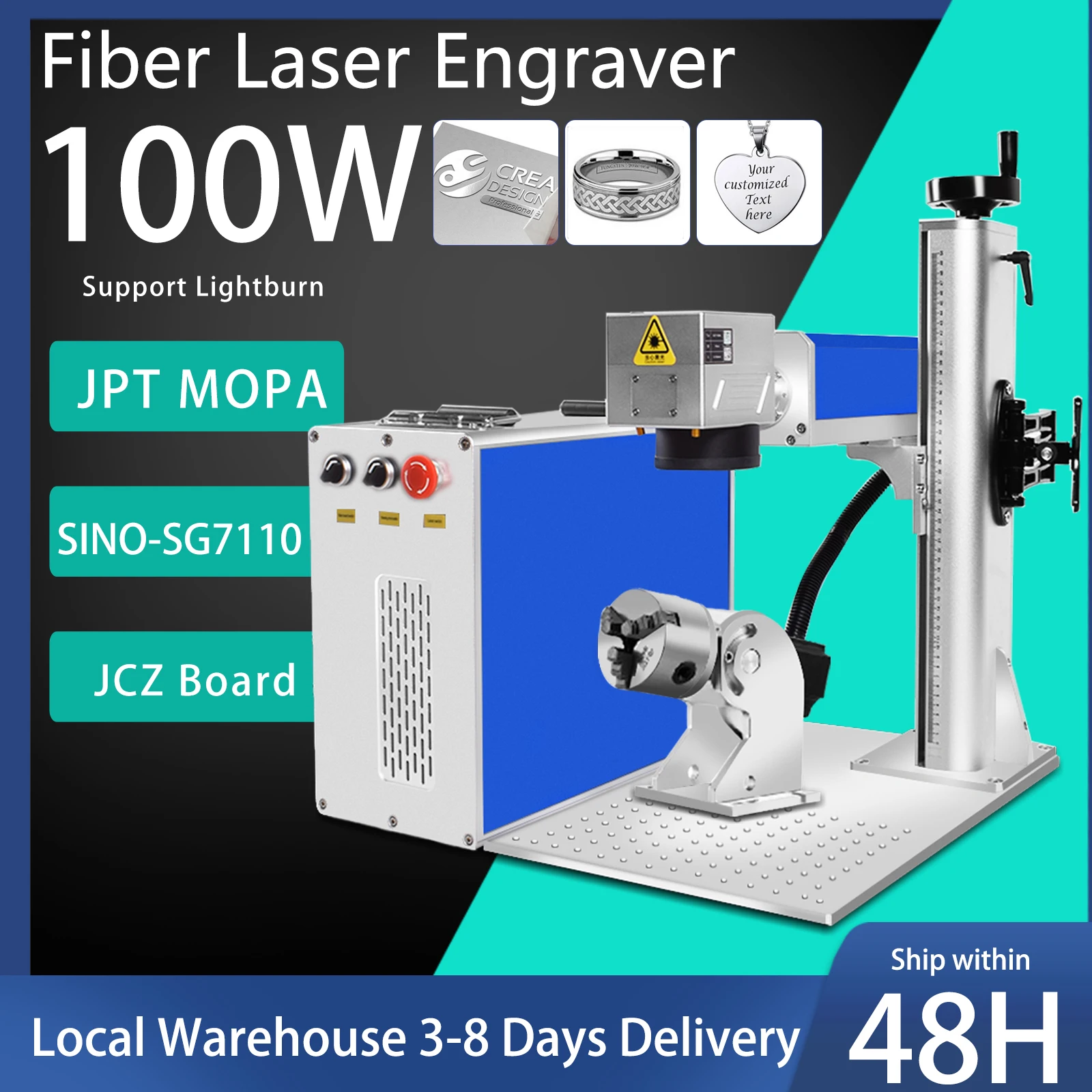 

100W JPT MOPA Engraver MOPA 100W Fiber Laser Marking Machine 60W JPT M7 MOPA Laser For Metal Gold Silver Engraving Cutting with Rotary Axis 175MM+300MM Lens