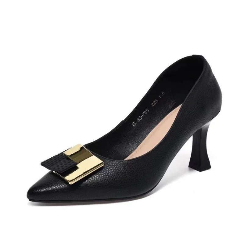 

2026Spring new niche design French high-heeled shoes for women with thin heels and metal buckle shallow pumps