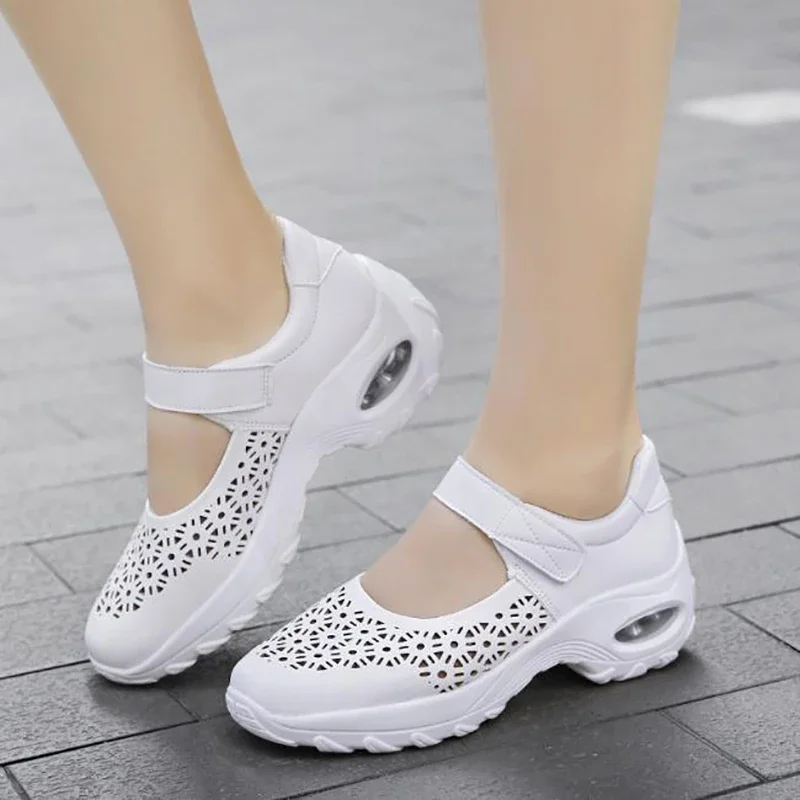 Summer New Women's Sandals Sneakers Breathable Mesh Casual Hollow Shoes Woman Comfortable White Wedge Heel Light Dance Shoes