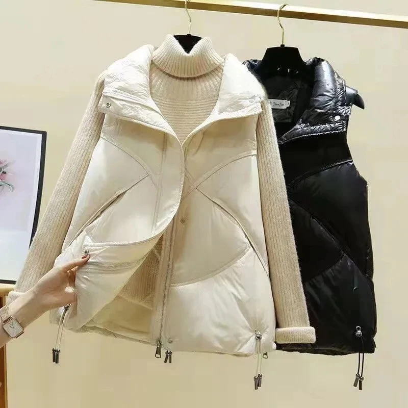 Black Down Cotton Vest Women\'s Korean Version Loose Fashion Vest Outerwear Vest 2022 Autumn And Winter Thick White Short Jacket