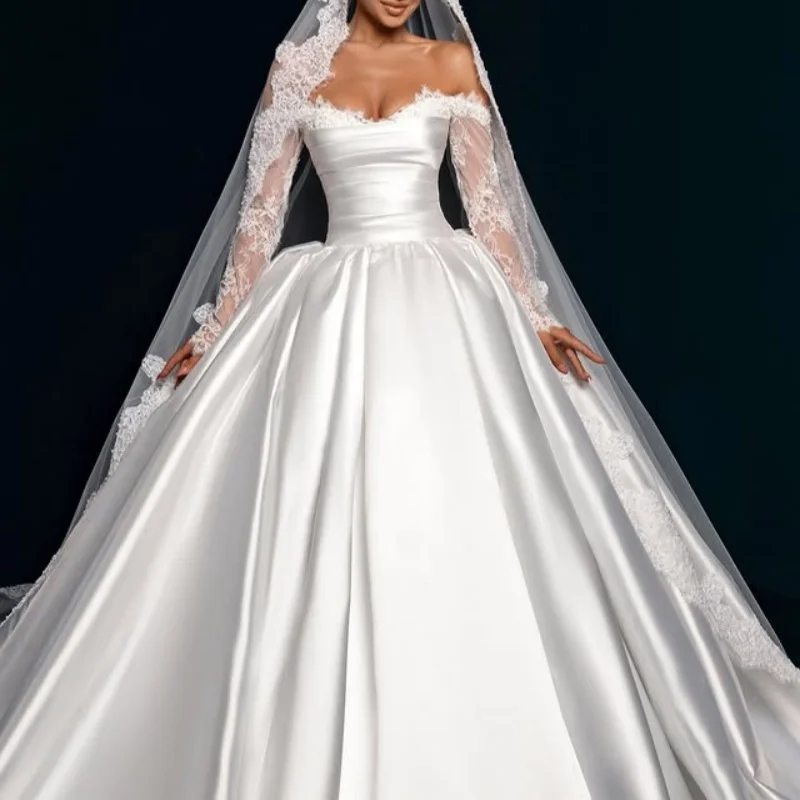 

Simple White Appliques Wedding Dresses flower decal glitter puff skirt Big tail long sleeves Gowns Made wedding dress