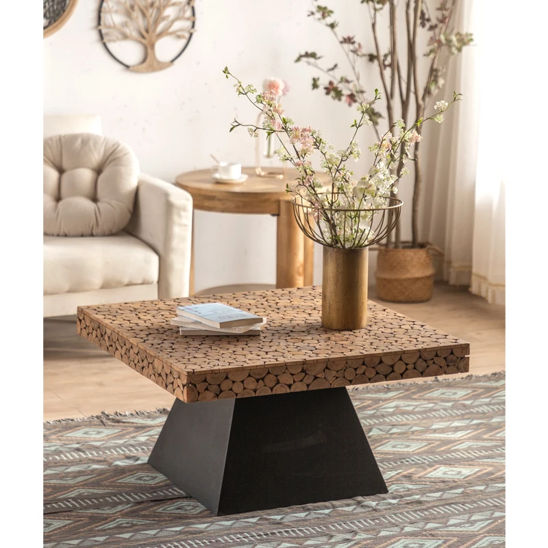 

Wholesale European coffee table luxury metal base creative joint wooden top side table living room decoration center table
