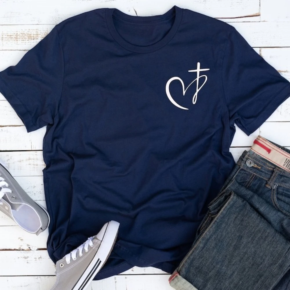 Heart Cross Christian Shirt Faith Religious Apparel Minimalist Chest Print Unisex Tshirt Christian Women Daily Life Casual Tops