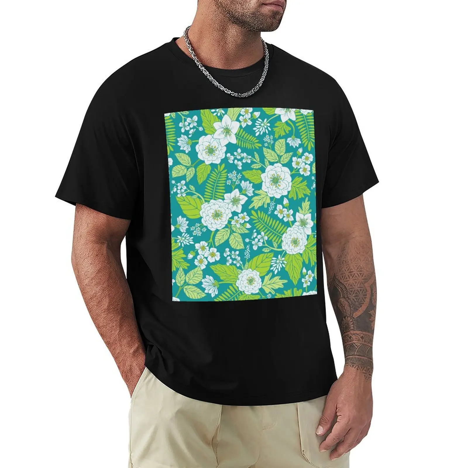 White, Lime Green, Teal, & Yellow Floral/Botanical Pattern T-Shirt Sports Casual Short Sleeve Cotton Tee