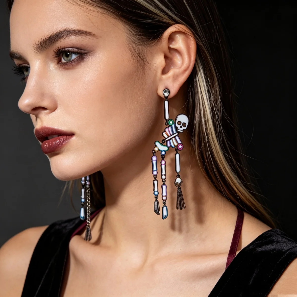 Gotische, dunkle, farbenfrohe Emaille-Totenkopf-Ohrhänger für Damen und Herren, Halloween-Strass-Skelett-Spinnen-Ohrhänger, Partyschmuck – Detail 5