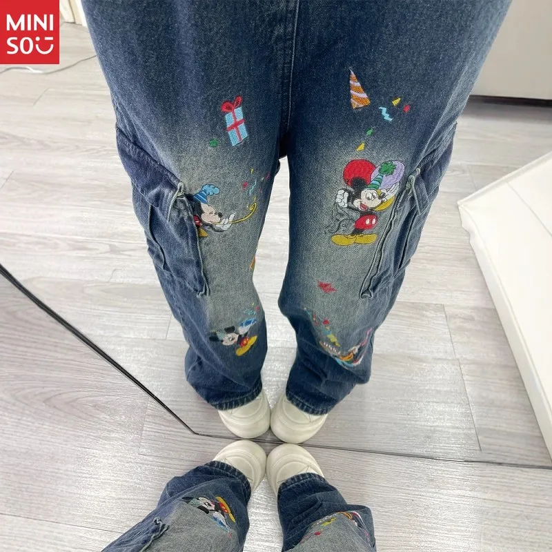 Джинсовый комбинезон с 3D вышивкой и рисунком Микки — женский комбинезон с широкими штанинами High Street, мягкая прочная ткань, регулируемые бретели