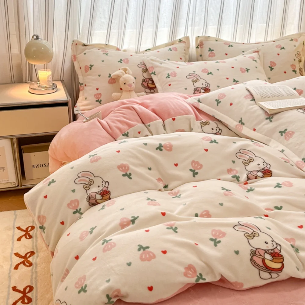 

﻿ Double-Sided Thickened Milk Fleece Single Quilt Cover Bedsheet Pillowcase Soft Printed Fleece Warm Cute Cartoon Duvet Cover